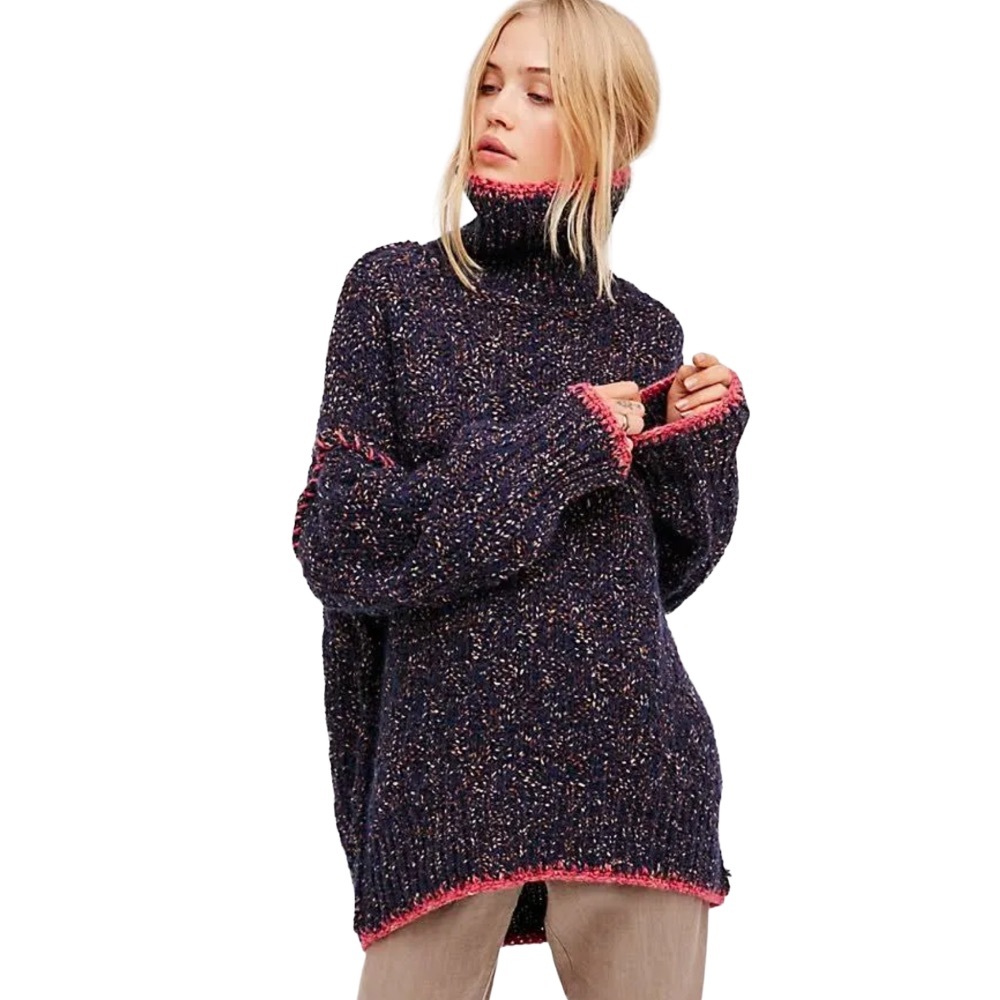 Boho Free People Echo Blue Flecked Oversized Turtleneck Sweater